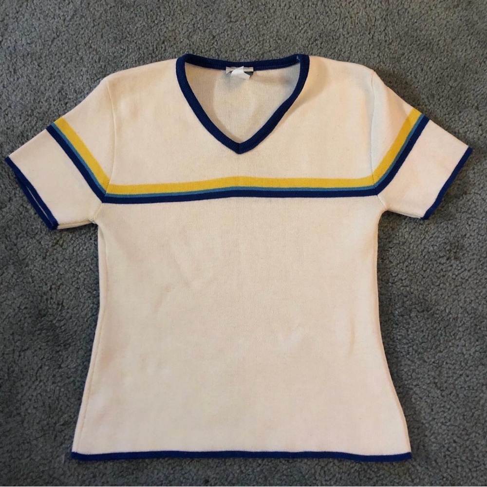 V-Neck Short Sleeve Tee with Blue and Yellow Accents